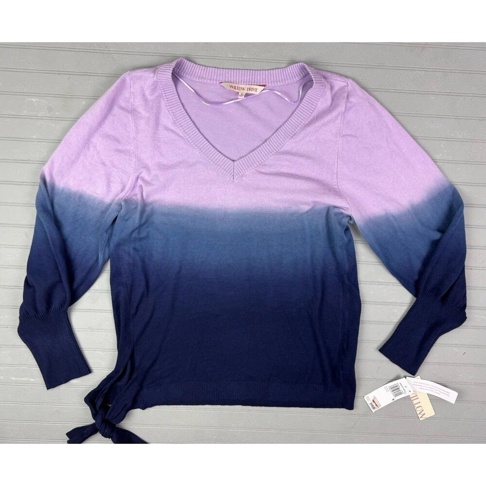 Willow Drive Size M Womens Sweater Side Tie V Neck Lavender Navy Long Sleeve